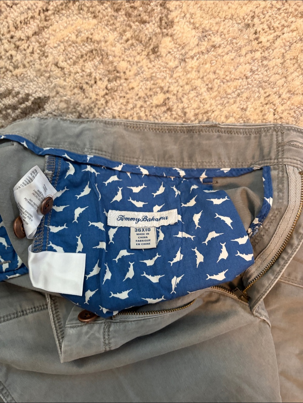 Tommy Bahama Gray Men's Flat Front Shorts with Blue Shark-Print Pocket Lining